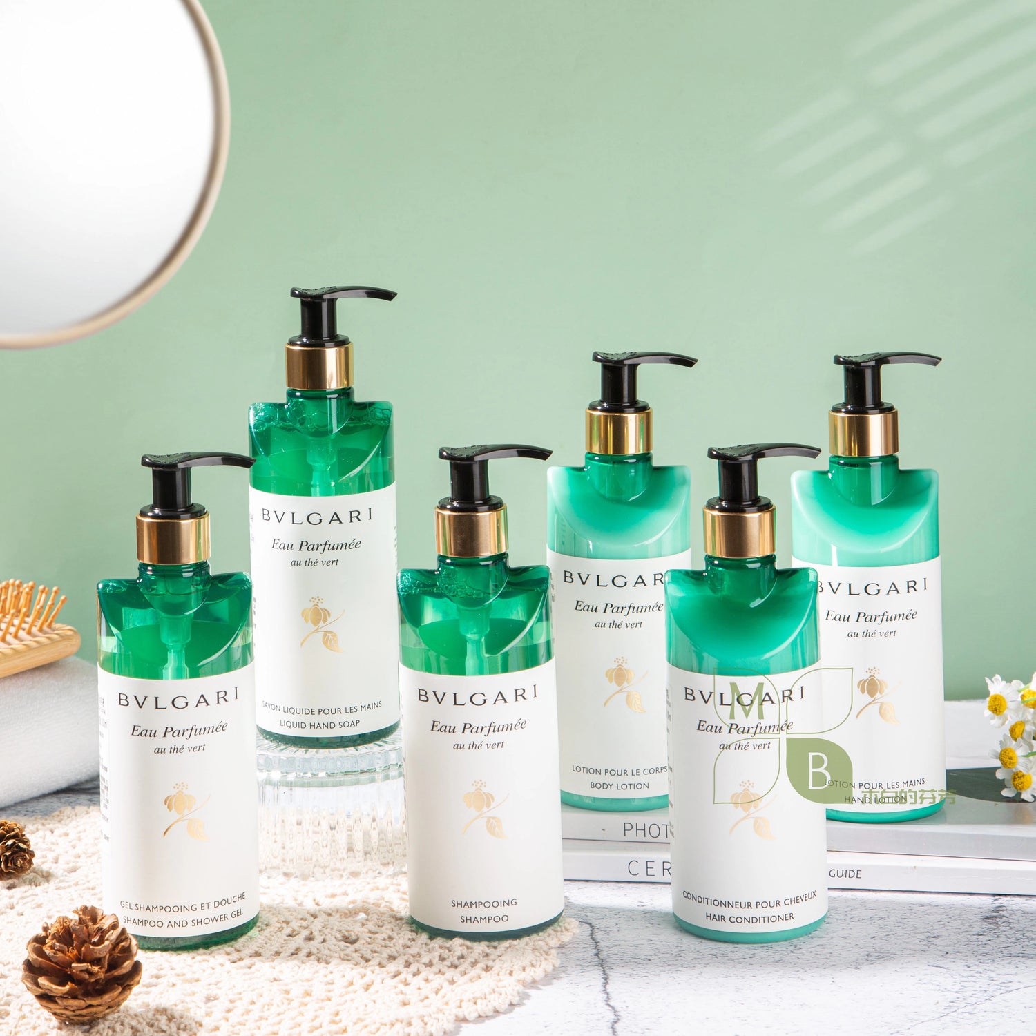 6 bottles of bvlgari green tea hotel toiletries.
