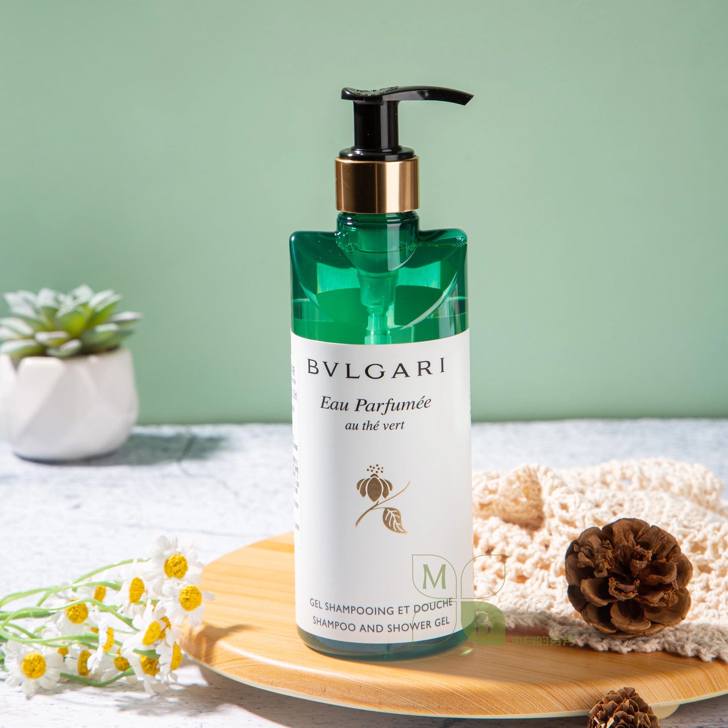 one bottle of bvlgari green tea shower gel.