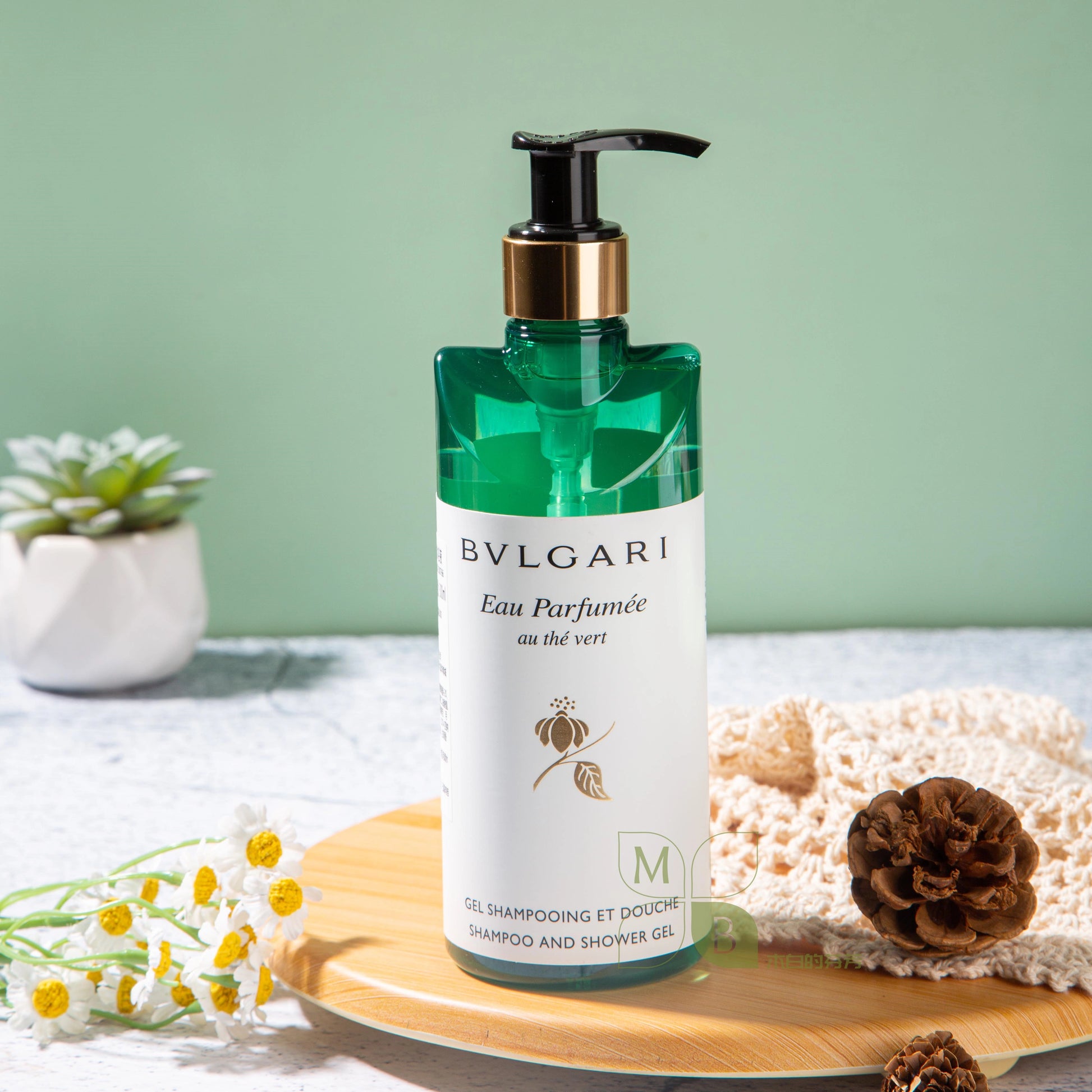 one bottle of bvlgari green tea shower gel.