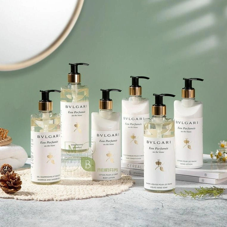 6 bottles of bvlgari hotel toiletries.